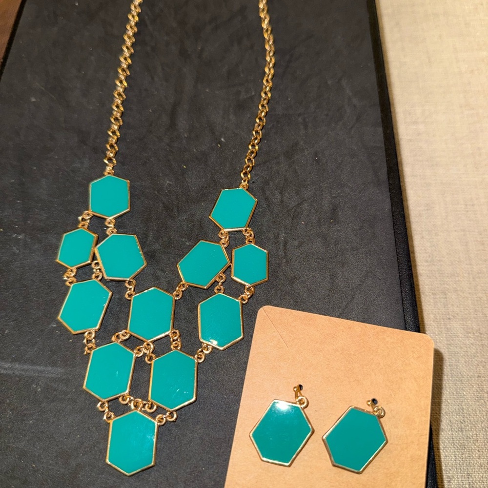 Charming Charlie Gold and Teal Hexagon Necklace